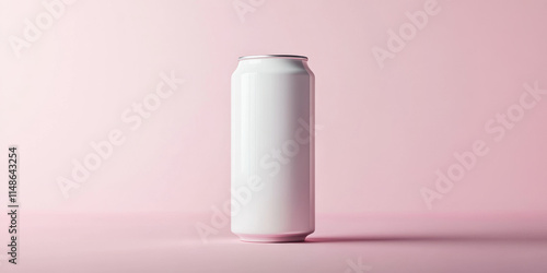 White beverage can on a pink background, minimalist style.
