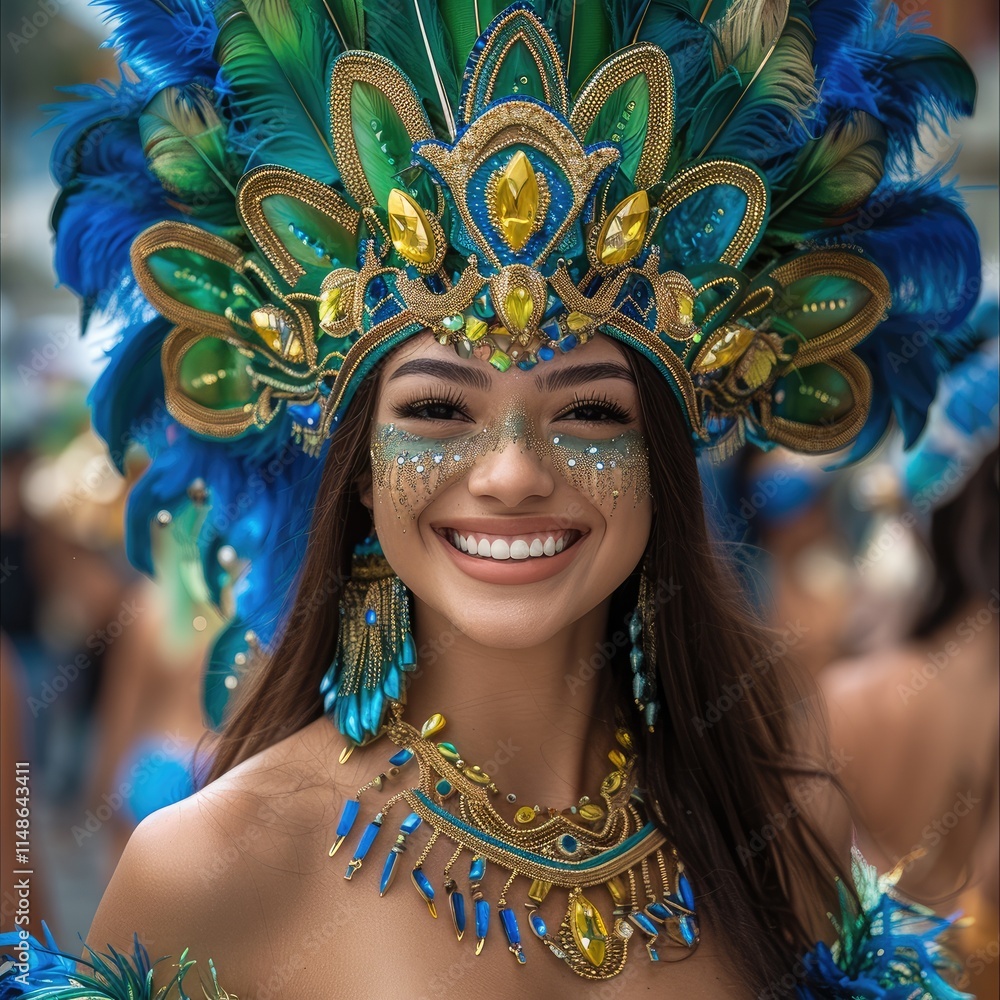 A beautiful woman in a carnival costume, wearing a green and blue feathered headdress with yellow diamonds, smiles. A beautiful woman in a carnival costume, wearing a green and blue feathered headdress with yellow diamonds, smiles.