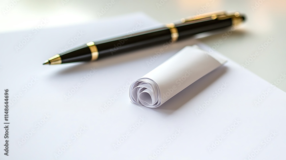 Close-up Photo: Elegant Pen & Rolled Paper Mockup. AI Generated Close-up Photo: Elegant Pen & Rolled Paper Mockup. AI Generated