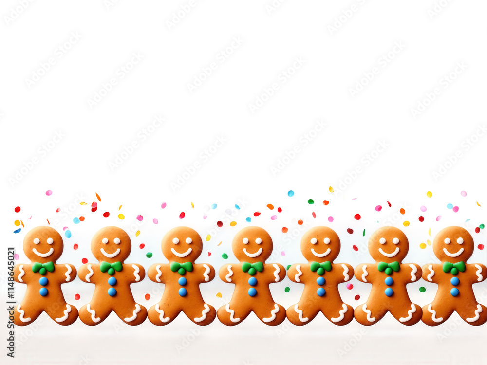 Fototapeta premium Whimsical Christmas border featuring a line of dancing gingerbread people, with a sprinkle of colorful confetti, on a transparent backdrop.
