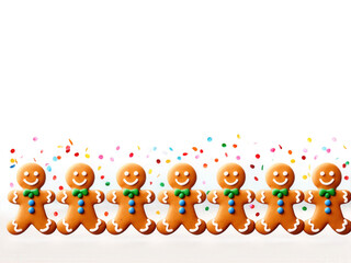 Whimsical Christmas border featuring a line of dancing gingerbread people, with a sprinkle of colorful confetti, on a transparent backdrop.