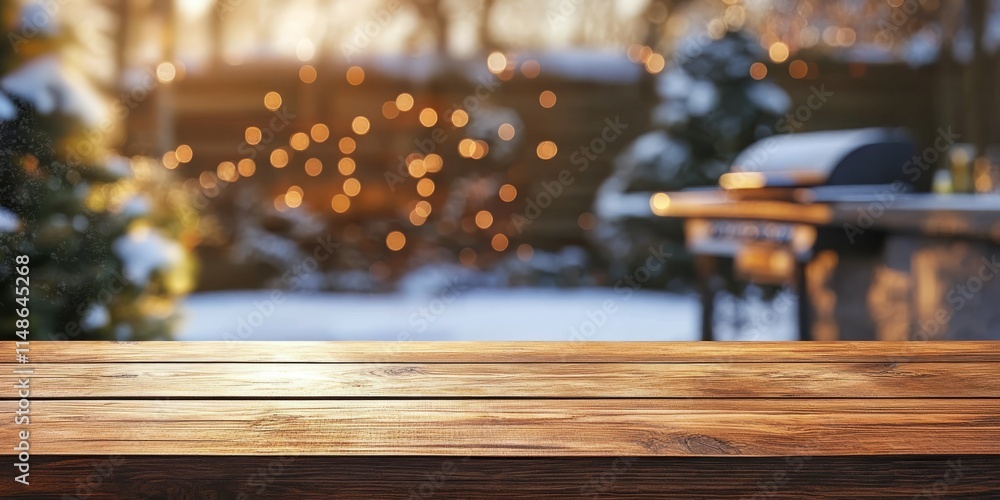 A serene winter scene features a wooden table and BBQ grill in the background, illuminated by warm lights, creating a perfect atmosphere for a cozy gathering with friends and family A serene winter scene features a wooden table and BBQ grill in the background, illuminated by warm lights, creating a perfect atmosphere for a cozy gathering with friends and family