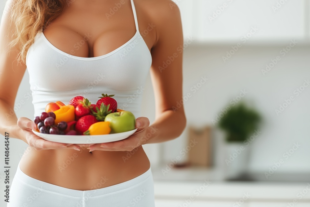 The image shows a woman balancing a colorful plate of fresh fruits, symbolizing her commitment to a nutritious diet, healthy habits, and an active, fitnessoriented lifestyle for overall wellbeing The image shows a woman balancing a colorful plate of fresh fruits, symbolizing her commitment to a nutritious diet, healthy habits, and an active, fitnessoriented lifestyle for overall wellbeing