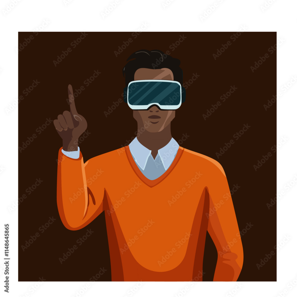 A handsome guy in virtual reality glasses, raised his hand and points with his finger. VR technologies, augmented reality, metaverse. Vector flat illustration A handsome guy in virtual reality glasses, raised his hand and points with his finger. VR technologies, augmented reality, metaverse. Vector flat illustration