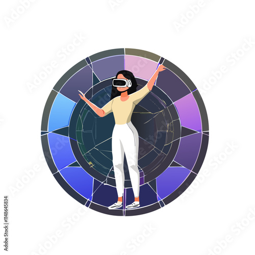 Metaverse entertainment. Flat vector illustration with woman wearing virtual reality glasses and VR headsets, interacting and exploring a virtual world. Concept of future innovations