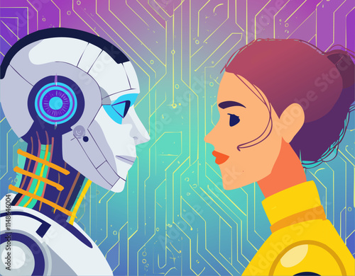 woman and robot looking at each other fact to face