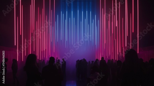 Crowd silhouetted against vibrant neon light installation.