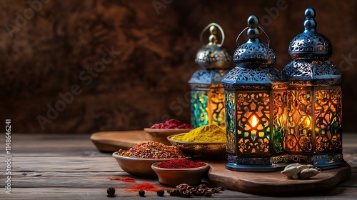 Aromatic Spices and Illuminated Lanterns Adorn Wooden Surface photo