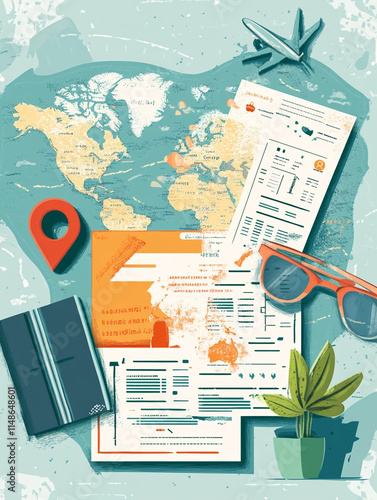 Travel documents and planning tools on world map background