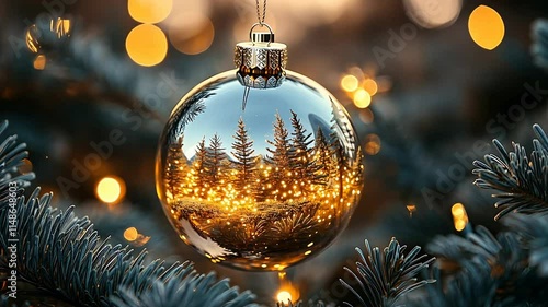 Close up static shot: A Christmas ornament hangs from a Christmas tree.