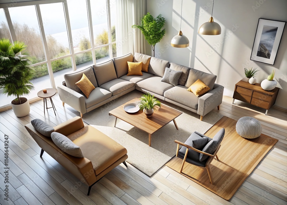 Aerial View Modern Furniture Set, White Background - Drone Photography Aerial View Modern Furniture Set, White Background - Drone Photography