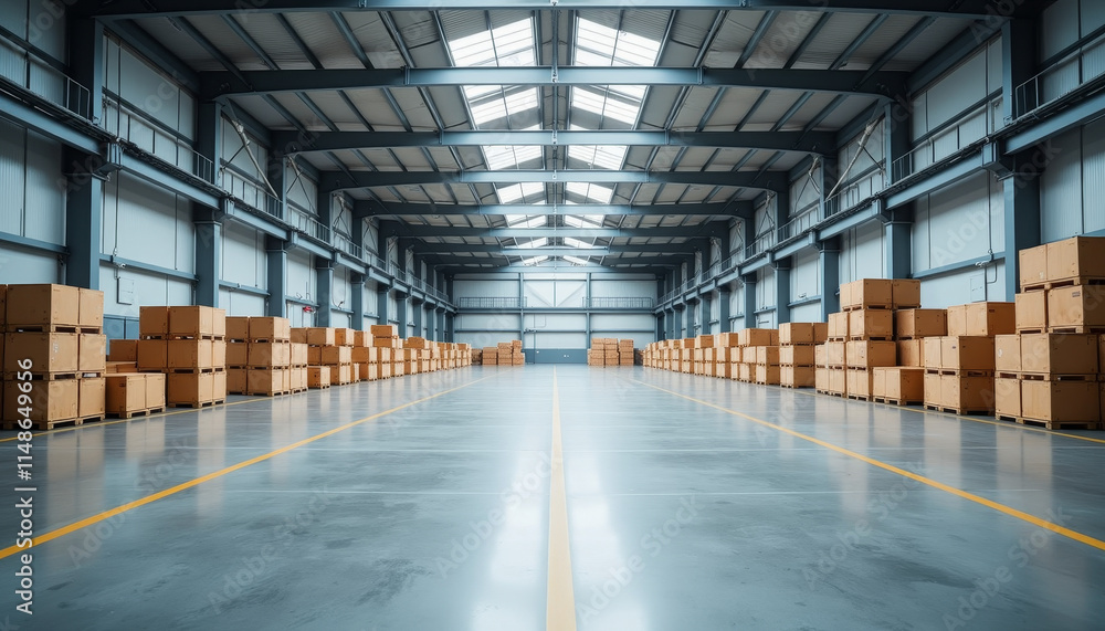 Expansive interior of a modern factory showcasing orderly stacked boxes under bright skylights Expansive interior of a modern factory showcasing orderly stacked boxes under bright skylights