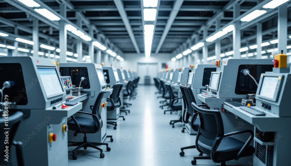 Obraz premium Modern factory interior showcasing advanced machinery and technology in an empty workspace