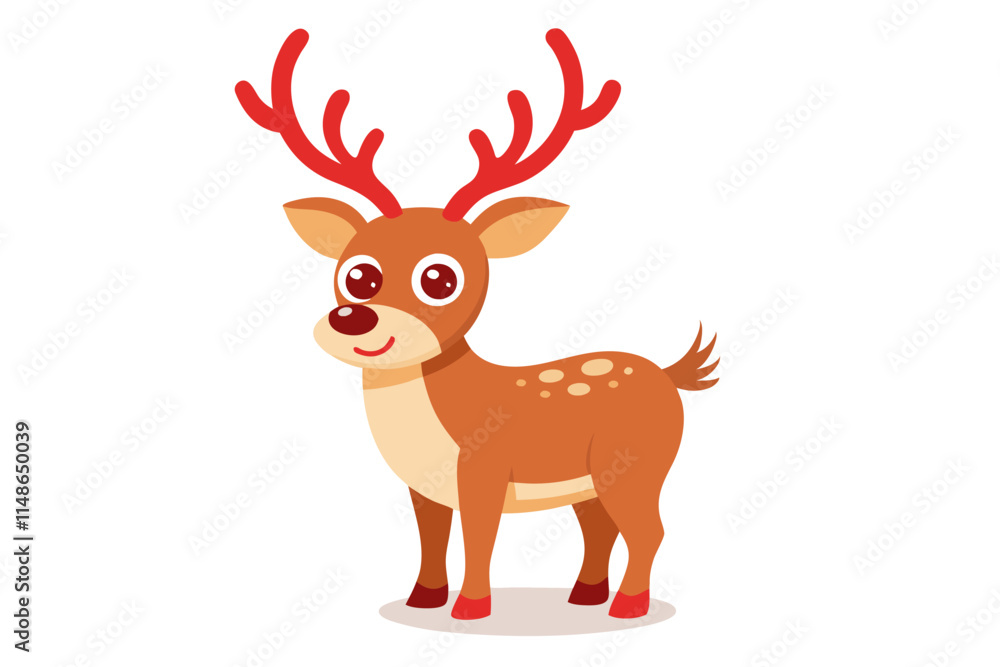 Fototapeta premium Cute cartoon reindeer, big red antlers, red nose, white spots, large eyes, smiling expression, brown fur, short legs, festive holiday character, vector illustration style, simple background, childlike