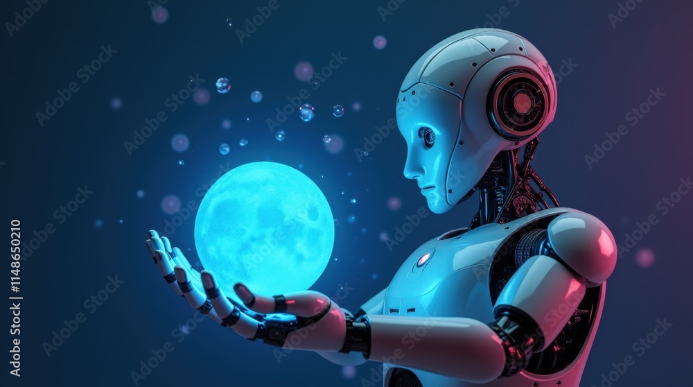 Fototapeta premium Humanoid Robot Holding Glowing Blue Atomic Sun