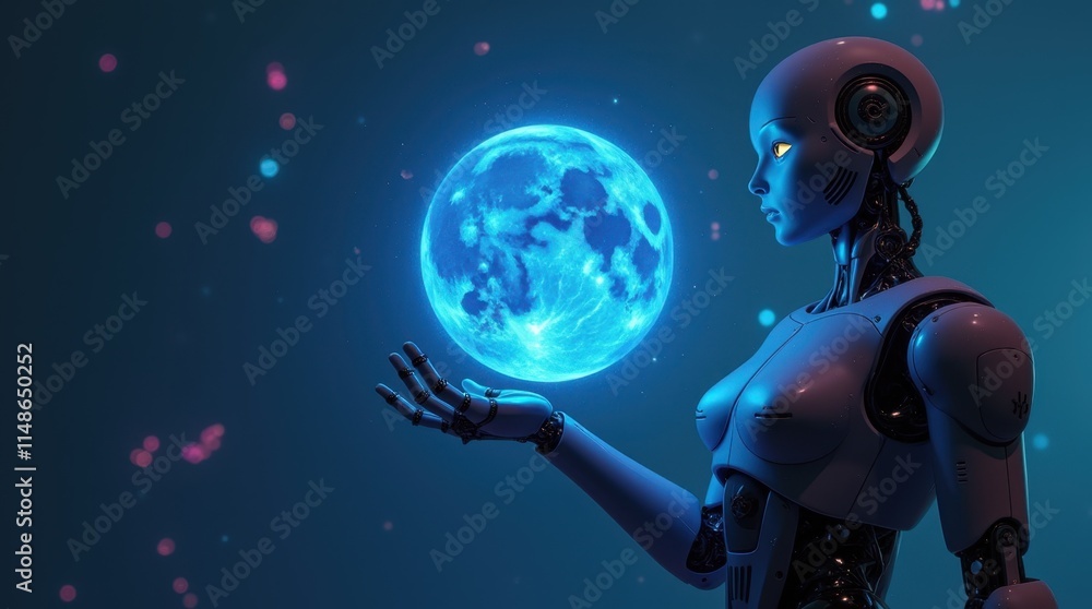 Humanoid Robot Holding Glowing Blue Atomic Sun Humanoid Robot Holding Glowing Blue Atomic Sun