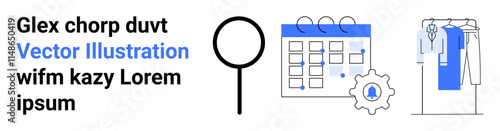 Magnifying glass with calendar and gear icon beside a clothing rack. Ideal for time management, planning, organization, scheduling, fashion, productivity, workflow e-commerce. Landing page