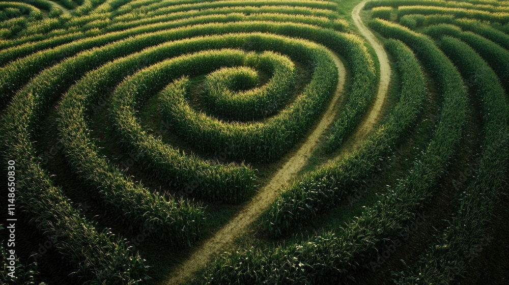 Aerial view of a spiral corn maze. Aerial view of a spiral corn maze.