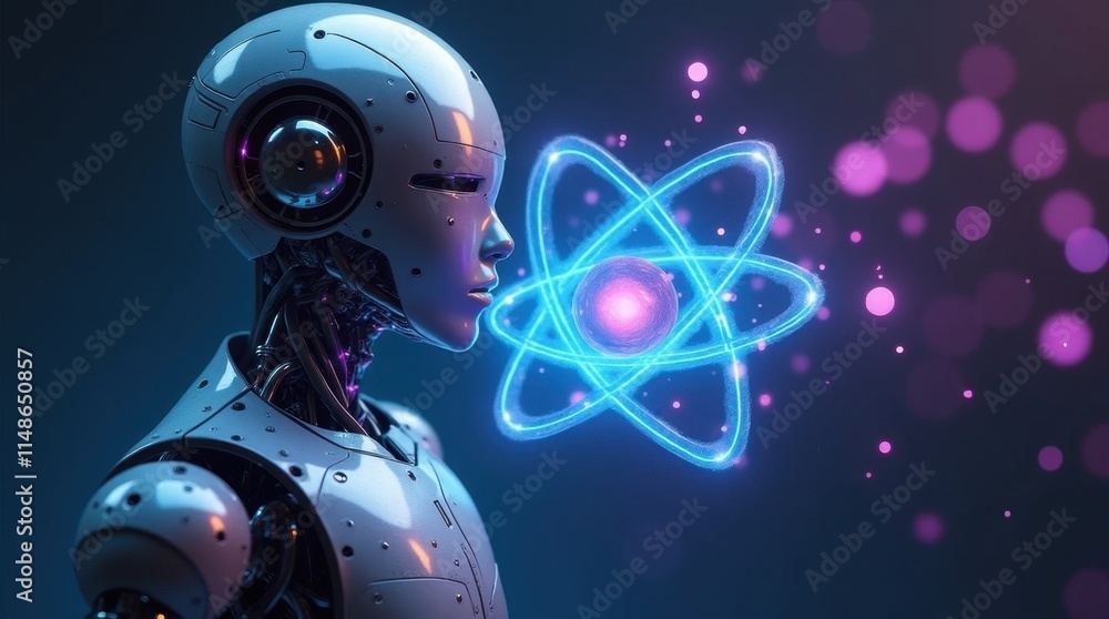 Fototapeta premium Metallic Robot Orbiting a Radiant Blue Atom