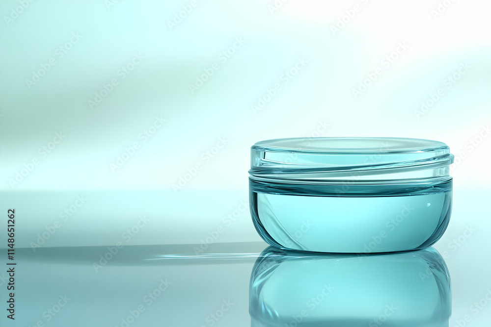 A clear, round container filled with a blue substance, likely a cosmetic or skincare product. A clear, round container filled with a blue substance, likely a cosmetic or skincare product.