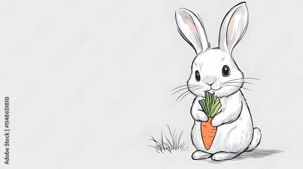 Fototapeta premium Line drawing of a bunny holding a carrot