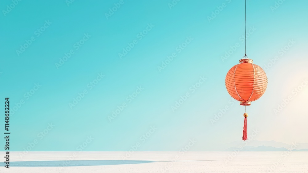 Fototapeta premium A vibrant red lantern sways gently against a clear blue sky, symbolizing celebration and tradition in many cultures, offering a serene visual experience.