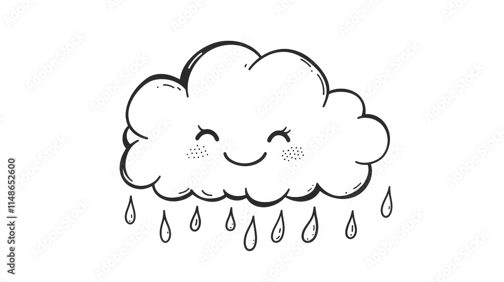 Simple line drawing of a smiling cloud with raindrops Simple line drawing of a smiling cloud with raindrops