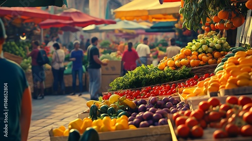 A Sunday farmers' market with vibrant colors, fresh produce, and happy people shopping, Sunday market, weekend joy. photo