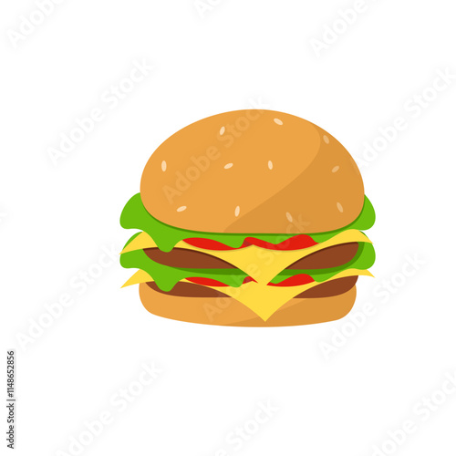 Double cheeseburger colorful vector cartoon. Fast food burger vector clipart icon.