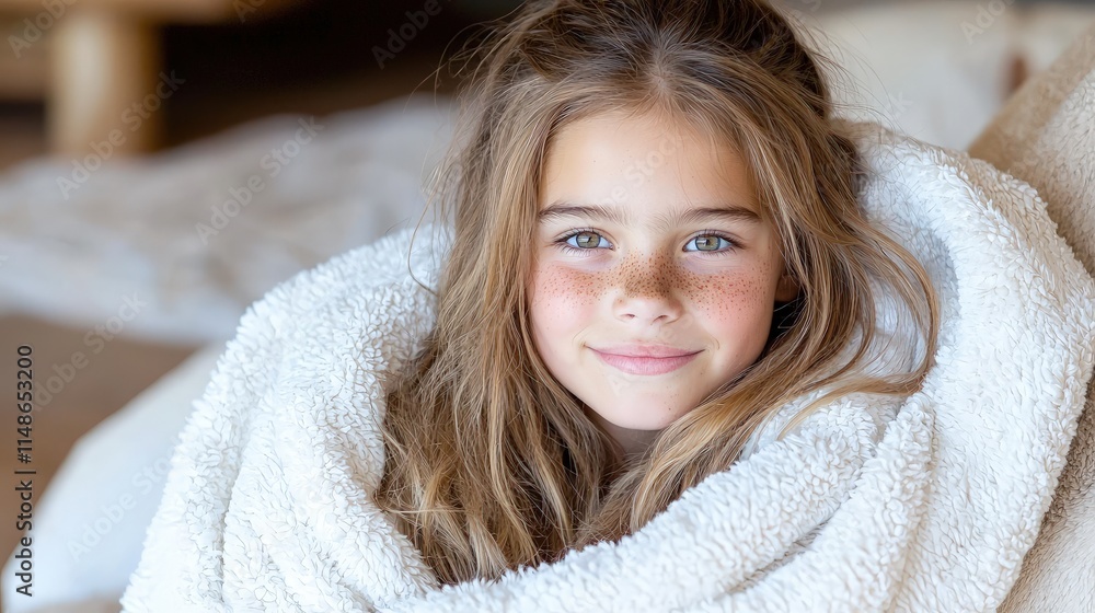 A cute girl with freckles smiles warmly while wrapped in a cozy white blanket. A cute girl with freckles smiles warmly while wrapped in a cozy white blanket.