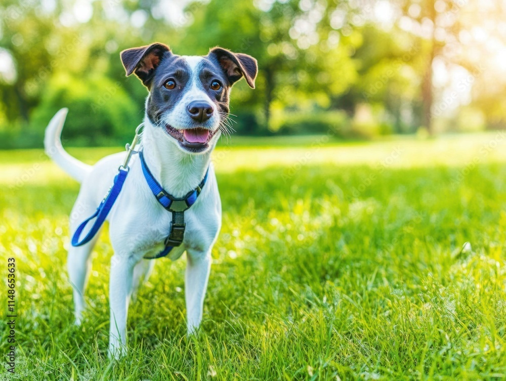 Happy White and Brown Dog Standing on Green Grass in Bright Sunshine, Enjoying a Playful Day in the Park with a Bright Smile and Wagging Tail Happy White and Brown Dog Standing on Green Grass in Bright Sunshine, Enjoying a Playful Day in the Park with a Bright Smile and Wagging Tail