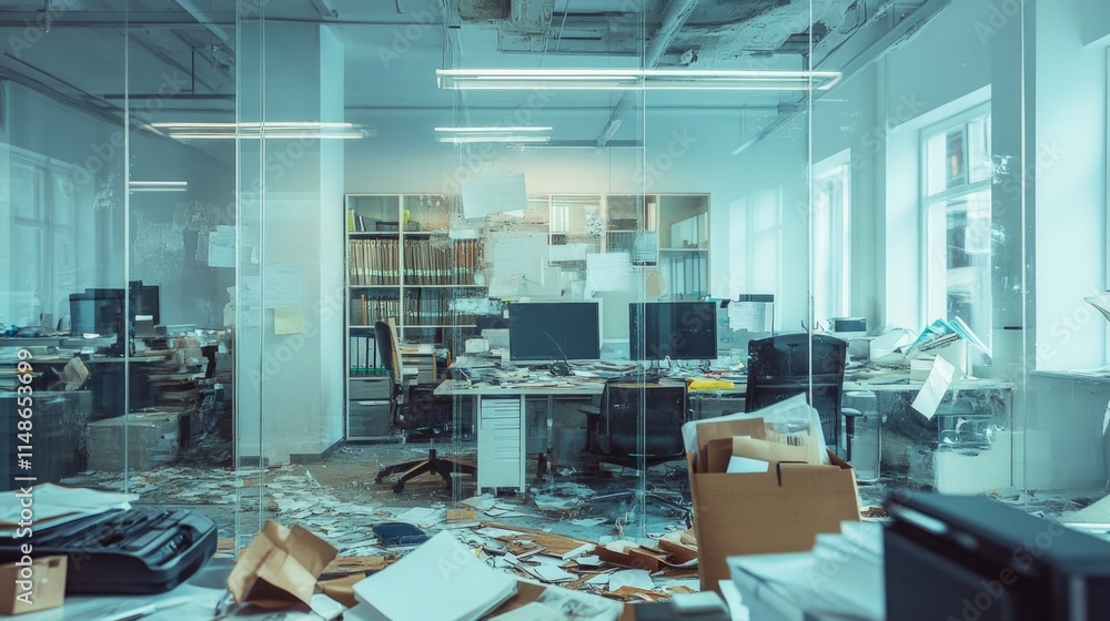 Messy workplace,chaotic office, overworked, bureaucracy,red tape concept with grungy desk,sticky notes and various office supplies, chaotic mess.