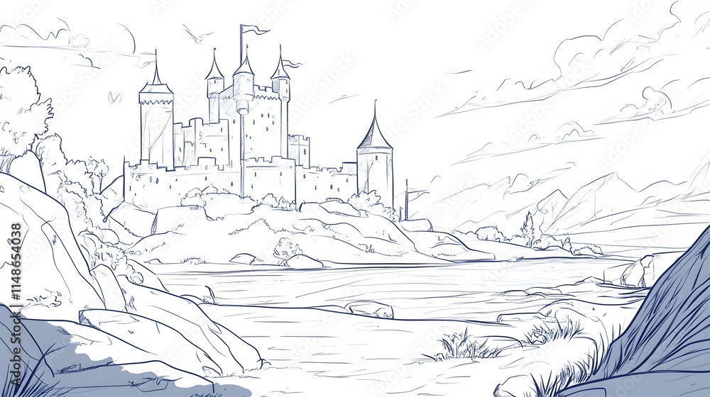 Fototapeta premium Simple line drawing of a castle with a moat and flags