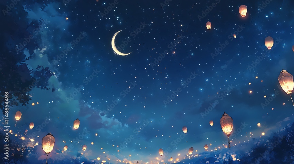 Fototapeta premium Night Sky Lanterns Crescent Moon Starscape
