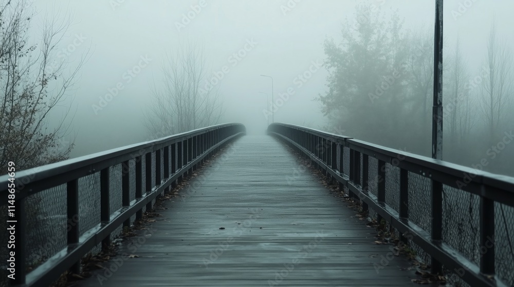 Fototapeta premium A serene bridge stretches into the dense fog, inviting exploration in an eerie silence