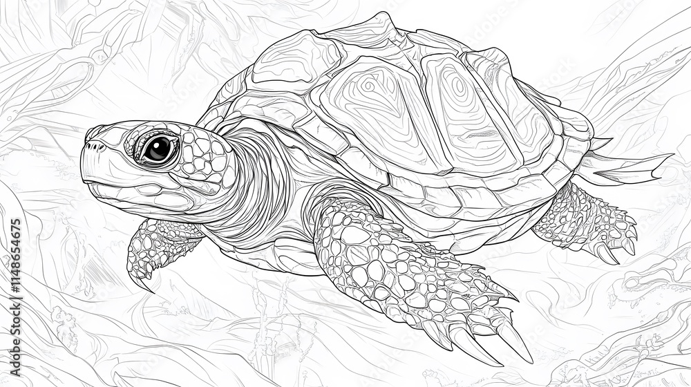 Fototapeta premium Line drawing of a turtle with a large shell