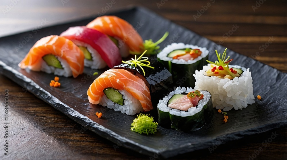 Exquisite array of assorted nigiri showcasing fresh seafood delights on a beautifully presented black platter Exquisite array of assorted nigiri showcasing fresh seafood delights on a beautifully presented black platter