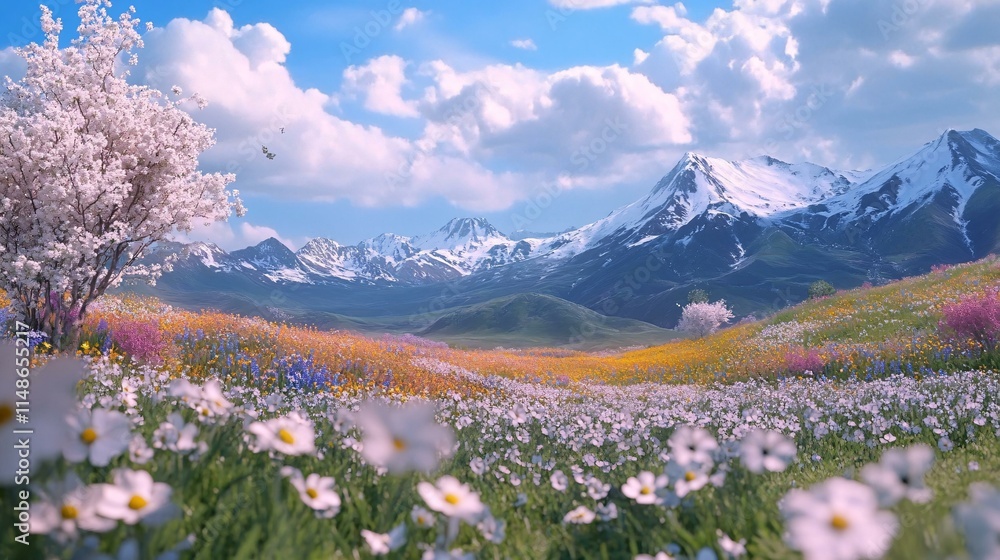 Obraz premium Breathtaking Landscape of Vibrant Flowers and Snowy Mountain Peaks Under Blue Sky