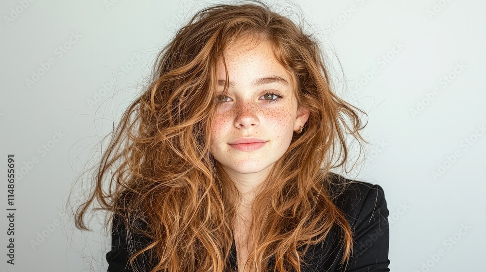 Portrait of a teenage girl with red curly hair and freckles, wearing a black jacket against a white background. Portrait of a teenage girl with red curly hair and freckles, wearing a black jacket against a white background.