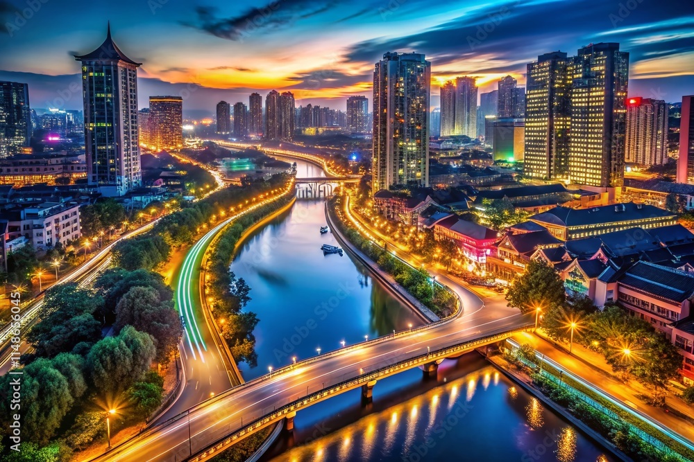 Aerial View of Chengdu Cityscape at Night, Long Exposure River Lights Aerial View of Chengdu Cityscape at Night, Long Exposure River Lights
