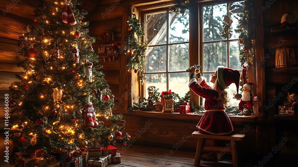 Girl Decorating Christmas Window In Rustic Cabin Girl Decorating Christmas Window In Rustic Cabin
