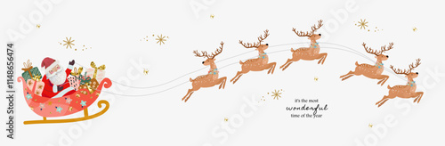 Santa Claus on a sleigh with gifts in a harness with reindeer. Vector illustration for a greeting, postcard, greeting card or banner with Christmas and New Year. Deers. 2025