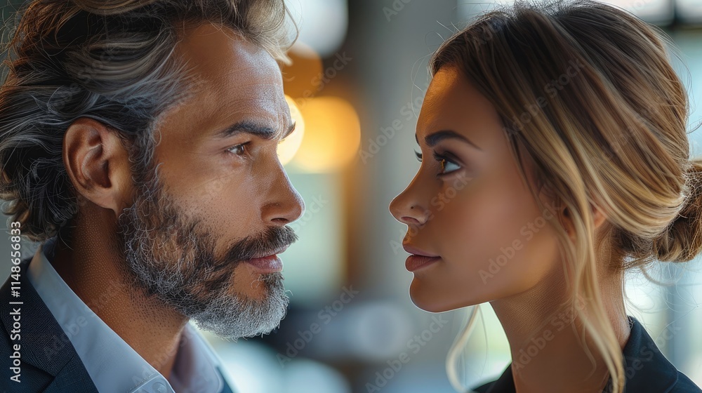 Side view of a employer and employee looking at each other, face to face, serious expression. Side view of a employer and employee looking at each other, face to face, serious expression.