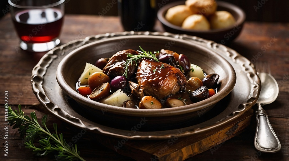 Rich and hearty Coq au Vin served in an elegant bowl, accompanied by sweet roasted potatoes and a glass of red wine at a rustic wooden dining table Rich and hearty Coq au Vin served in an elegant bowl, accompanied by sweet roasted potatoes and a glass of red wine at a rustic wooden dining table