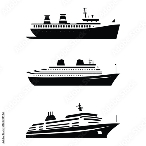 Set of cruise ship icon, silhouette, outline, vector, illustration isolated on a white background