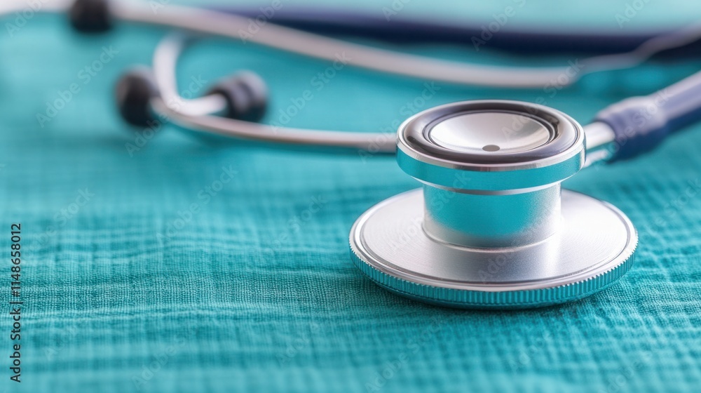 Close-Up View of a Silver Stethoscope on a Teal Medical Exam Tablecloth, Perfect for Health Care, Medical, and Wellness Themes Close-Up View of a Silver Stethoscope on a Teal Medical Exam Tablecloth, Perfect for Health Care, Medical, and Wellness Themes