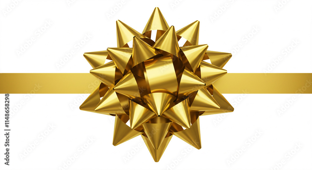 A shiny gold gift bow with a horizontal ribbon on a white background. A shiny gold gift bow with a horizontal ribbon on a white background.