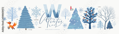 Winter icons. Vector illustrations of landscape, winter trees, snowflake, spruce, fir, oak, bush, branches and fox for poster, cover or card
