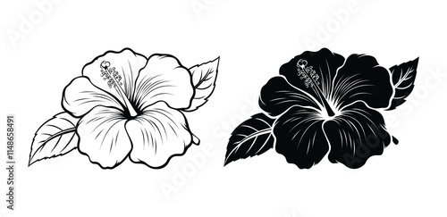 Set of Hibiscus flower. flower icon, silhouette, outline, vector, illustration isolated on a white background