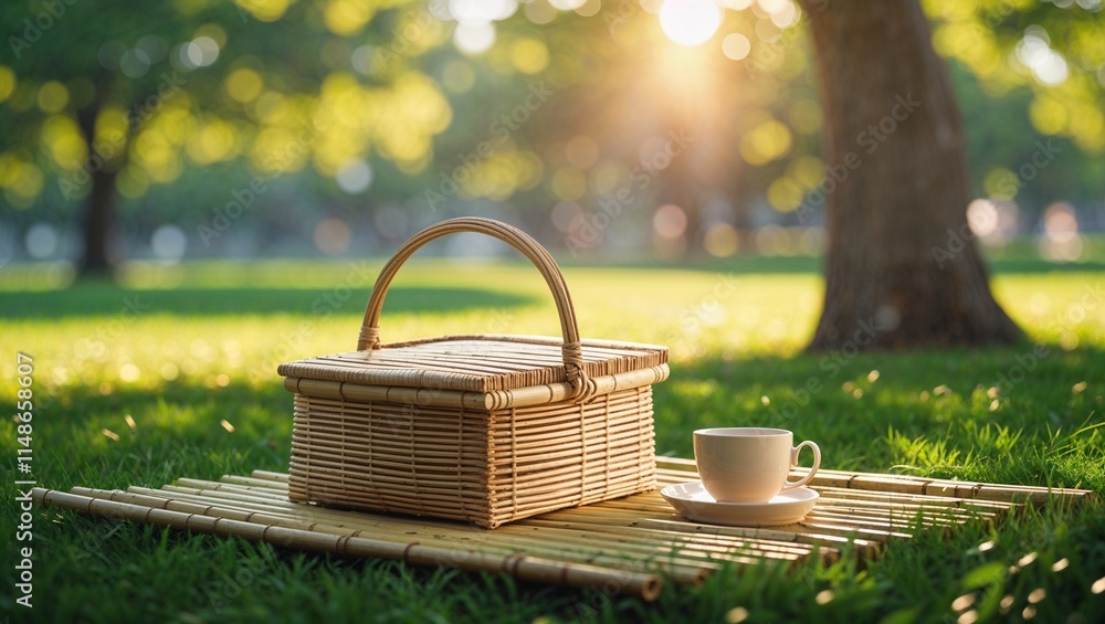 Bamboo mat with a picnic basket and a cup on green grass in a sunlit park Bamboo mat with a picnic basket and a cup on green grass in a sunlit park